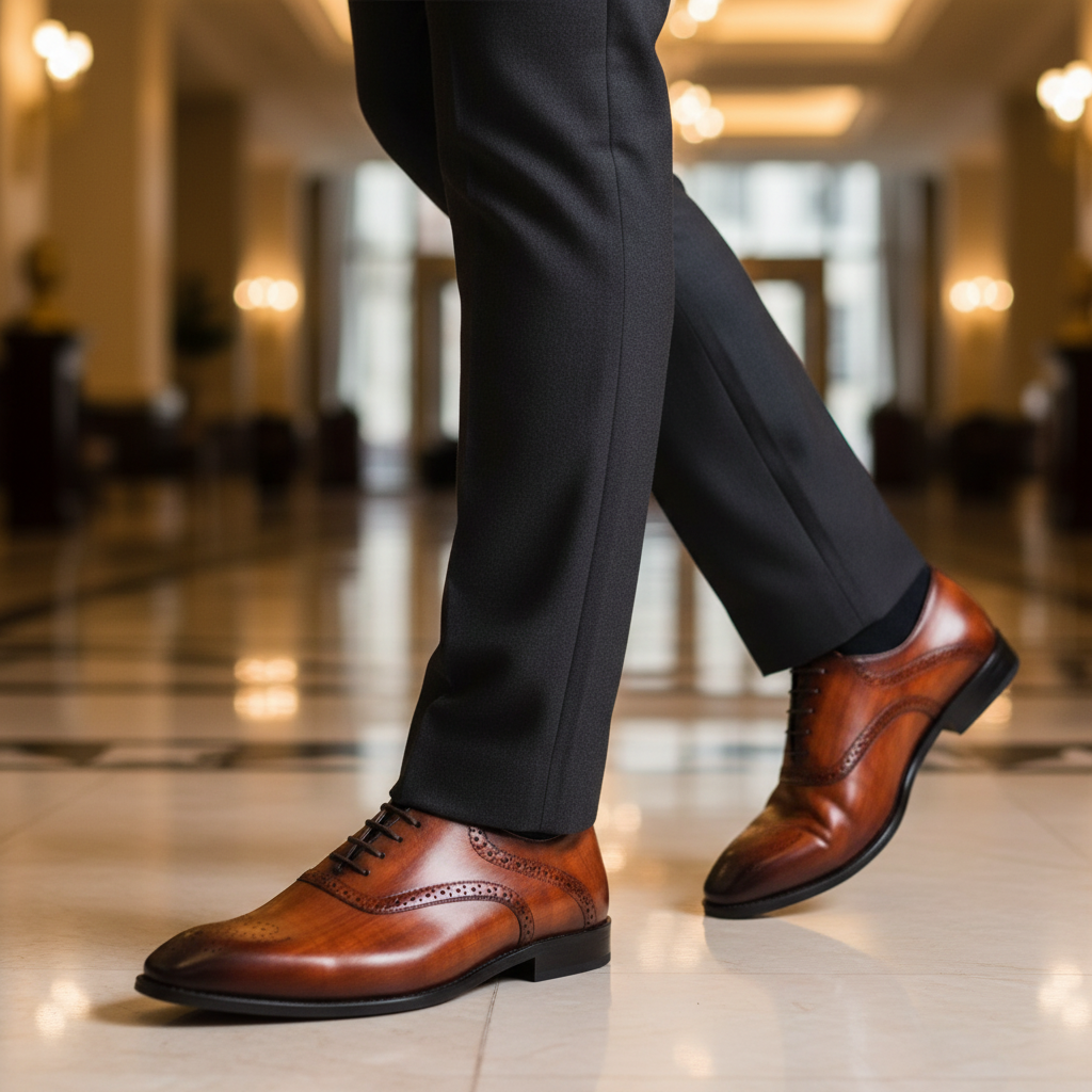 Luxury lifestyle image featuring the Rembrandt Burnished Oxford Brogue Shoes handcrafted by Marvel Leather and worn in an elegant premium setting.