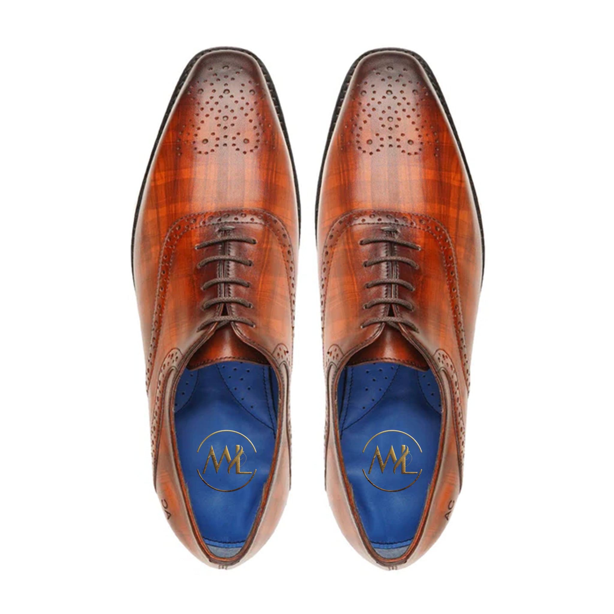 Marvel Leather handmade brown brogue shoes with lace closure and blue interior