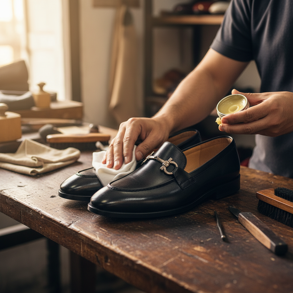 Artisan hand polishing the Renzo Black Horsebit Leather Loafers during the final finishing process at Marvel Leather.