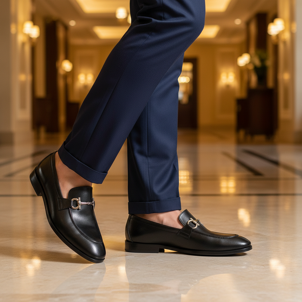 Luxury lifestyle image featuring the Renzo Black Horsebit Leather Loafers handcrafted by Marvel Leather and worn in an elegant upscale setting.