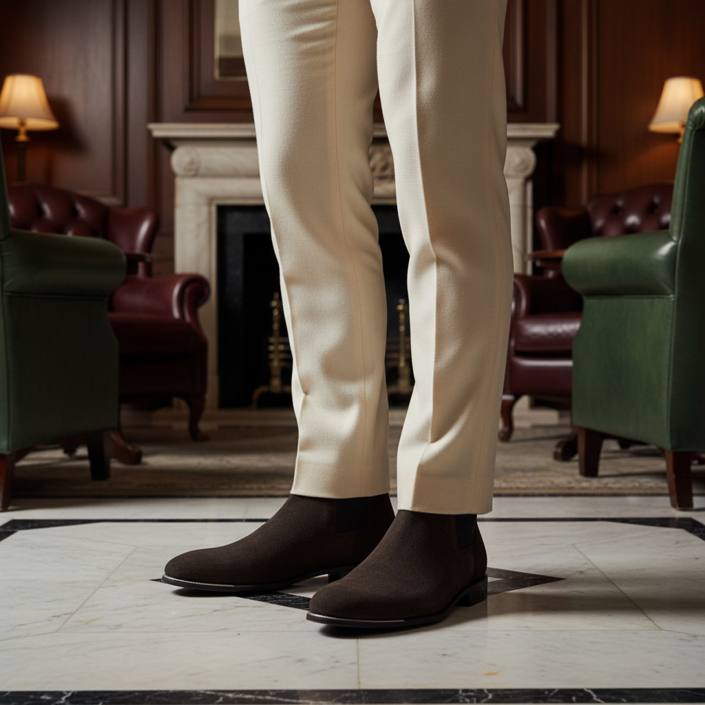 Luxury handmade dark brown suede leather Chelsea boots styled with tailored trousers in an elite old money setting