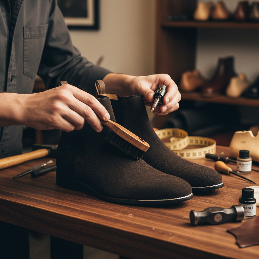 Skilled artisan applying premium finishing treatment to luxury dark brown suede leather Chelsea boots