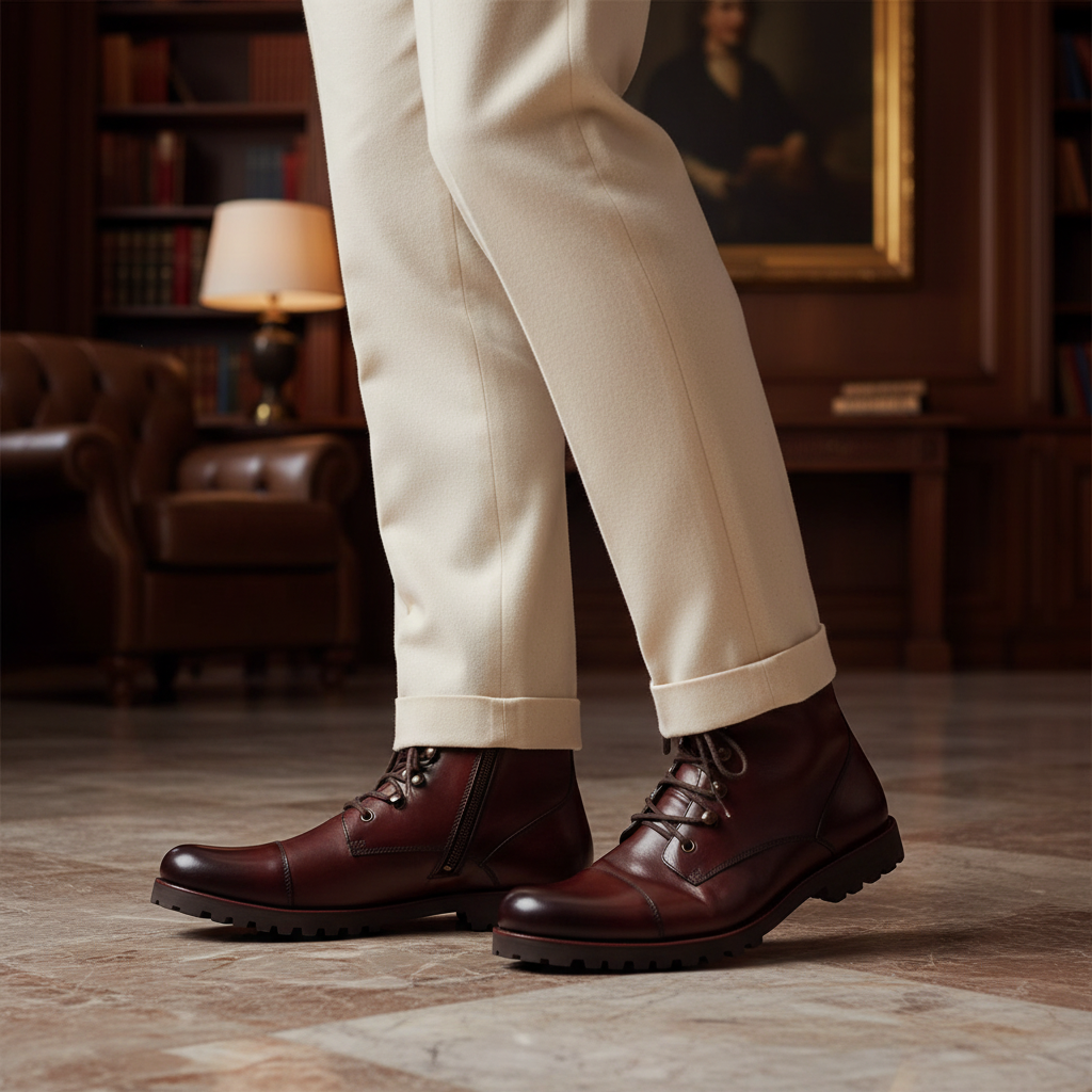 Luxury handmade heritage cap toe boots styled with tailored trousers in an elite old money setting