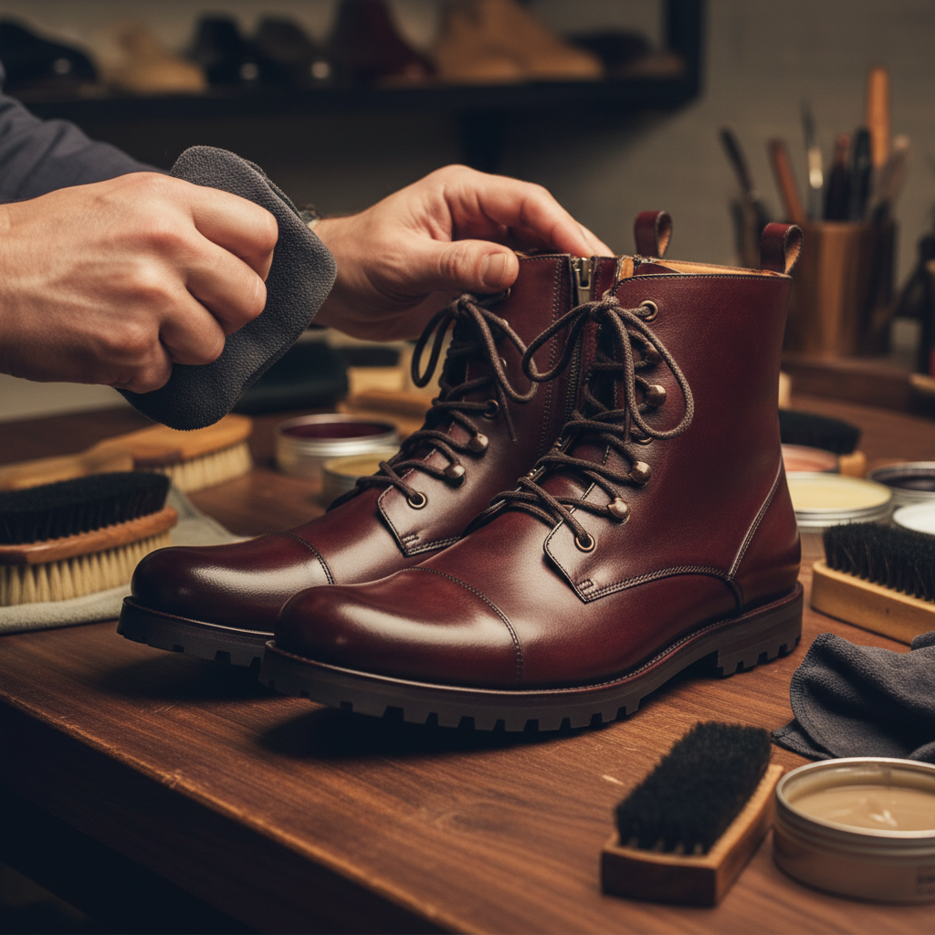 Skilled artisan applying premium wax and hand polishing luxury heritage cap toe leather boots