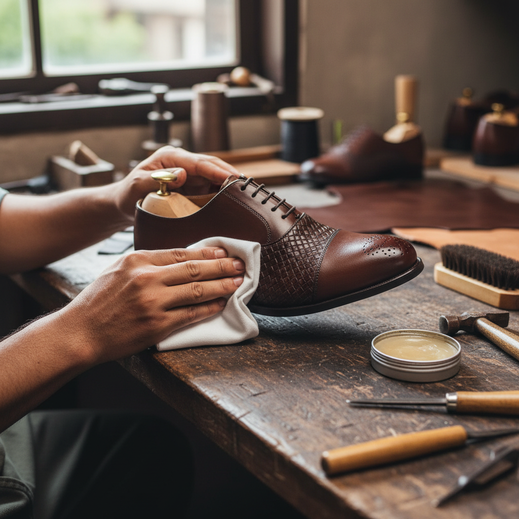 Artisan hand polishing the Romelio Woven Leather Cap-Toe Oxford Shoes with premium wax during the final finishing process at Marvel Leather.