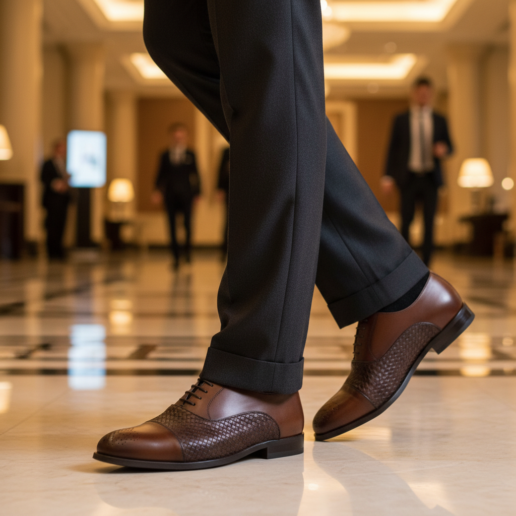 Luxury lifestyle image featuring the Romelio Woven Leather Cap-Toe Oxford Shoes handcrafted by Marvel Leather and worn in an elegant premium setting.