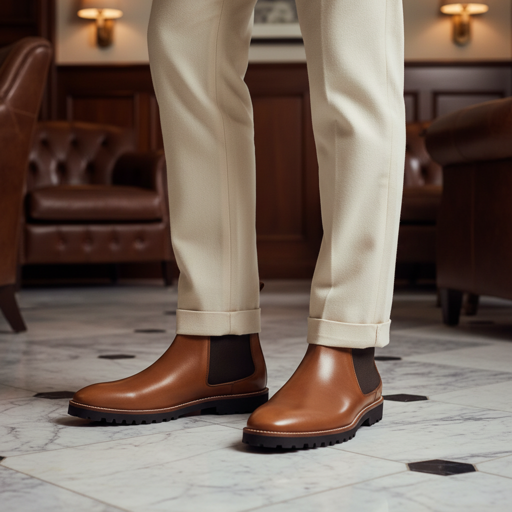 Luxury handmade tan brown leather rugged sole Chelsea boots styled with tailored trousers in an elite old money setting