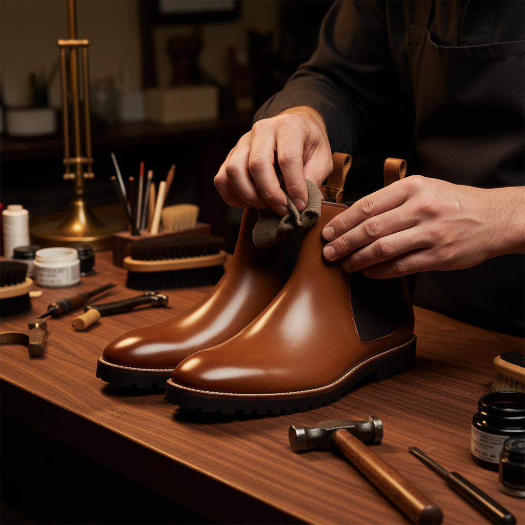 Skilled artisan applying premium wax and hand polishing luxury tan brown leather rugged sole Chelsea boots