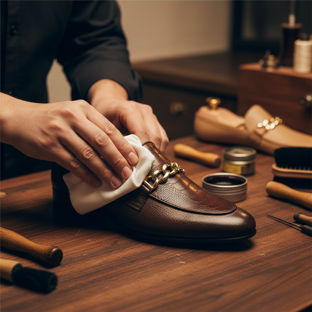 Skilled artisan applying premium wax and hand polishing to luxury chain bit leather loafers