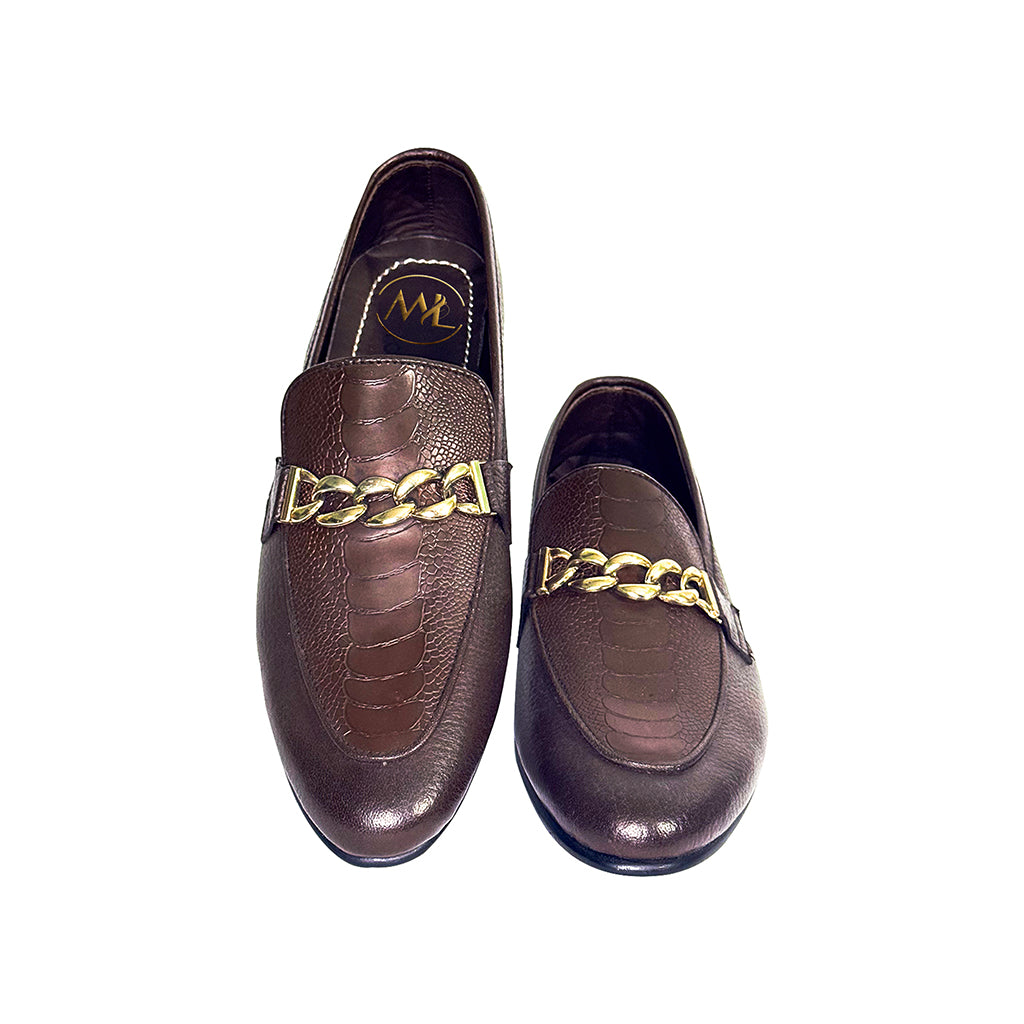 Elegant side profile of Santino brown loafers with embossed leather and gold chain
