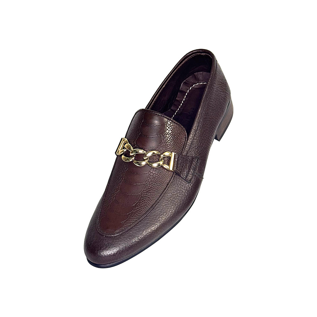 Santino brown embossed leather loafer with gold chain – top angle