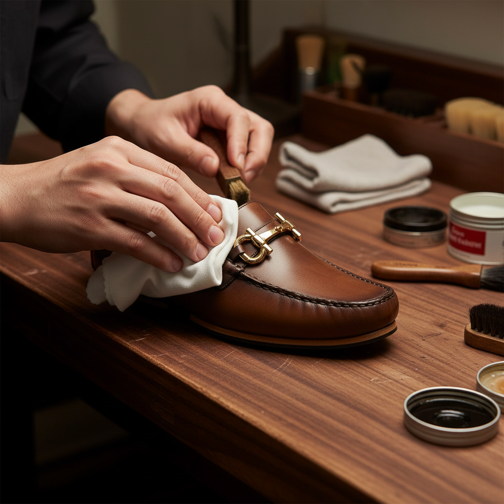Skilled artisan applying premium wax and hand polishing luxury horsebit moc toe leather loafers