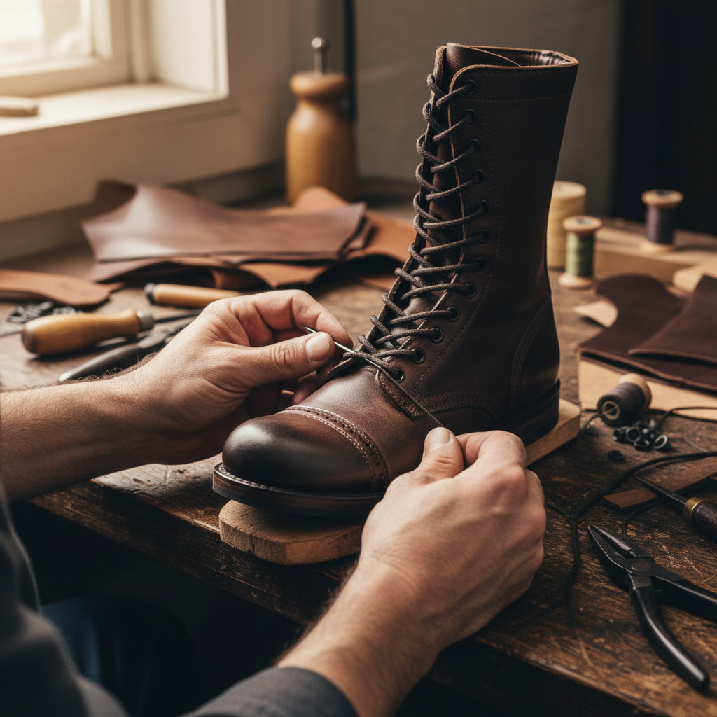 Experienced artisan handcrafting luxury bespoke Sentinel Heritage long boots using traditional shoemaking techniques