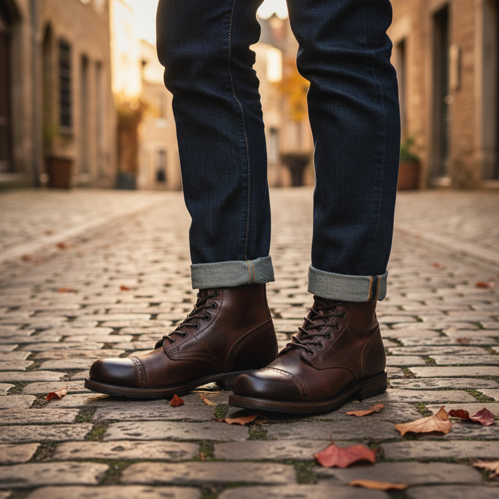 Luxury bespoke Sentinel Heritage lace-up long boots worn outdoors with premium denim jeans in an elite old money setting
