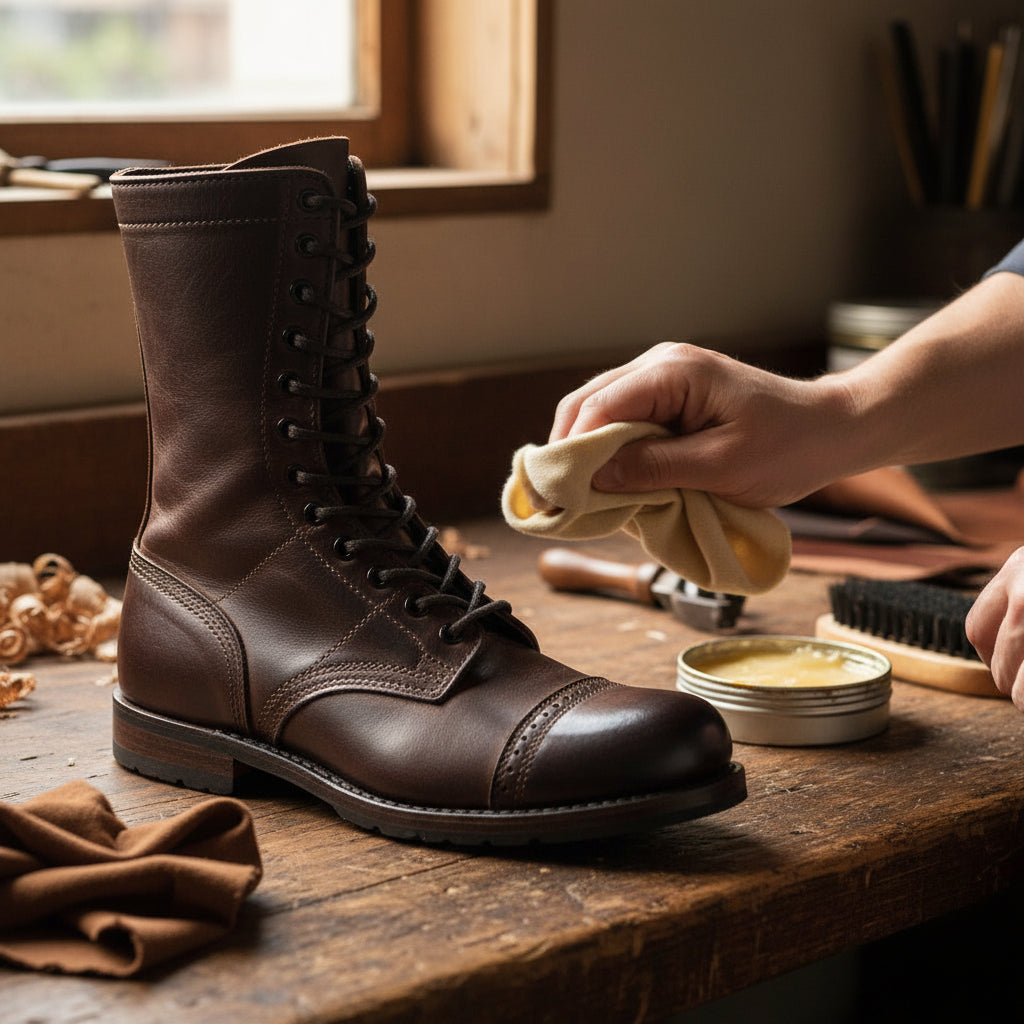 Skilled artisan applying premium wax and hand polishing luxury bespoke Sentinel Heritage long boots