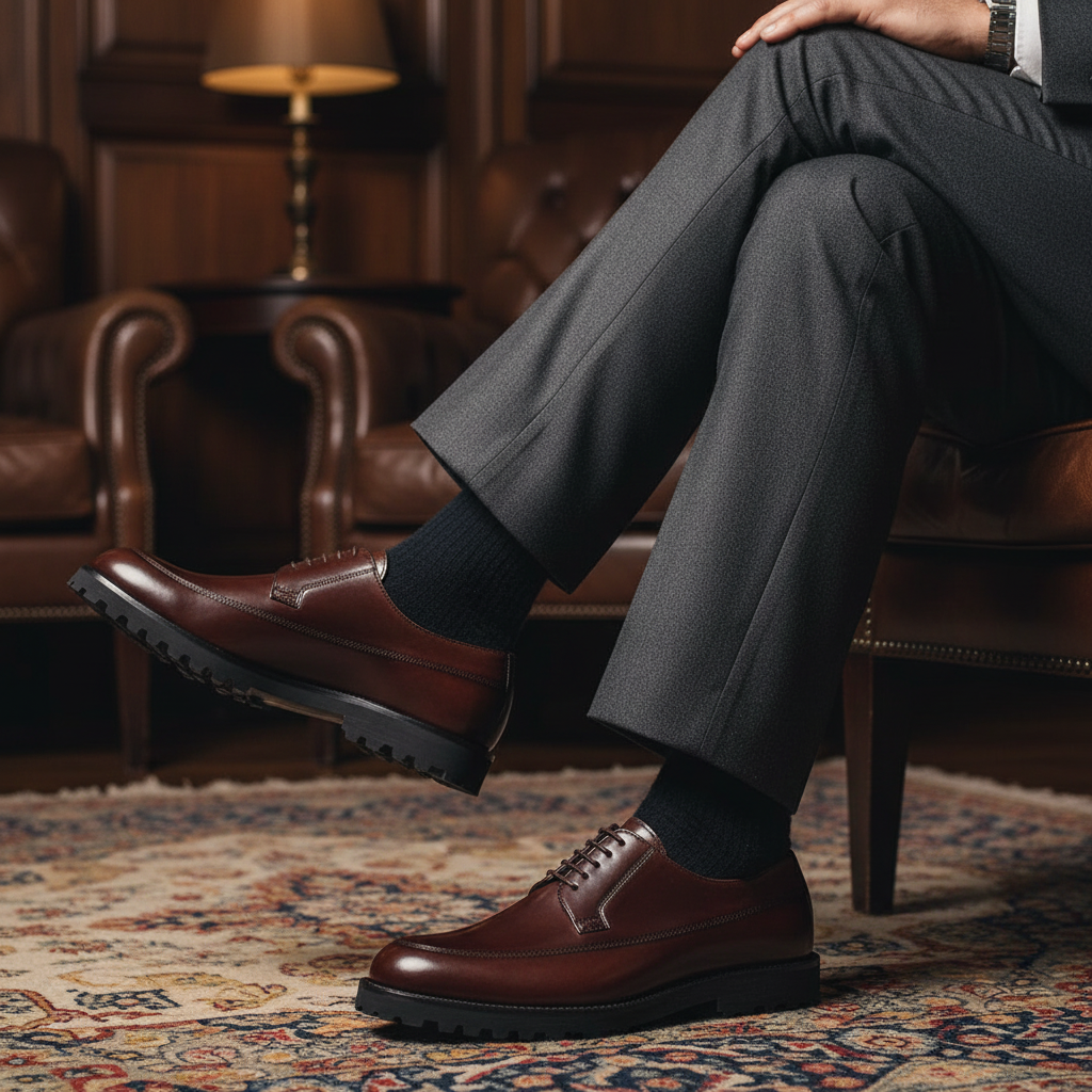 Luxury handmade leather derby lug sole shoes styled with tailored trousers in an old money setting