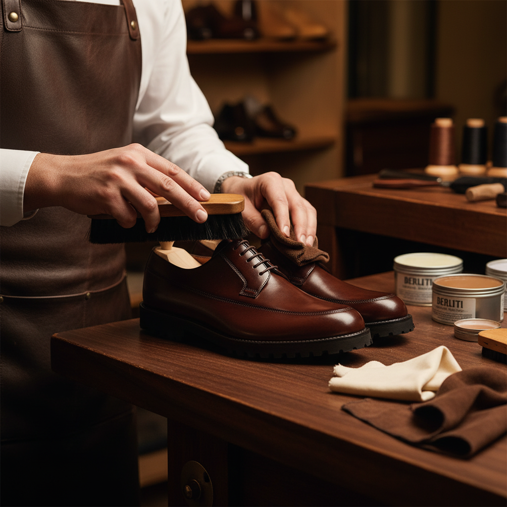 Skilled artisan applying premium wax and hand polishing luxury leather derby lug sole shoes
