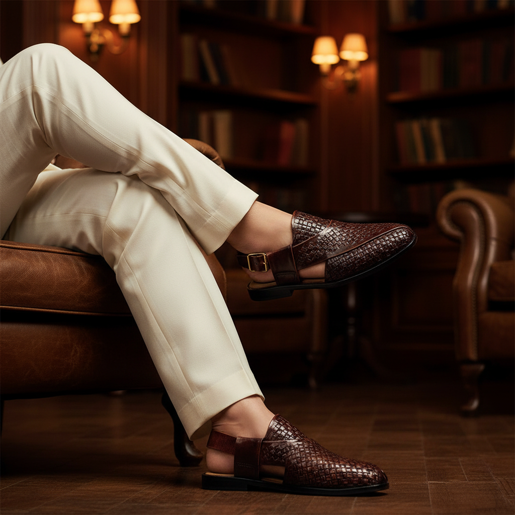 Luxury handmade woven leather Peshawari sandals styled with tailored trousers in an old money setting