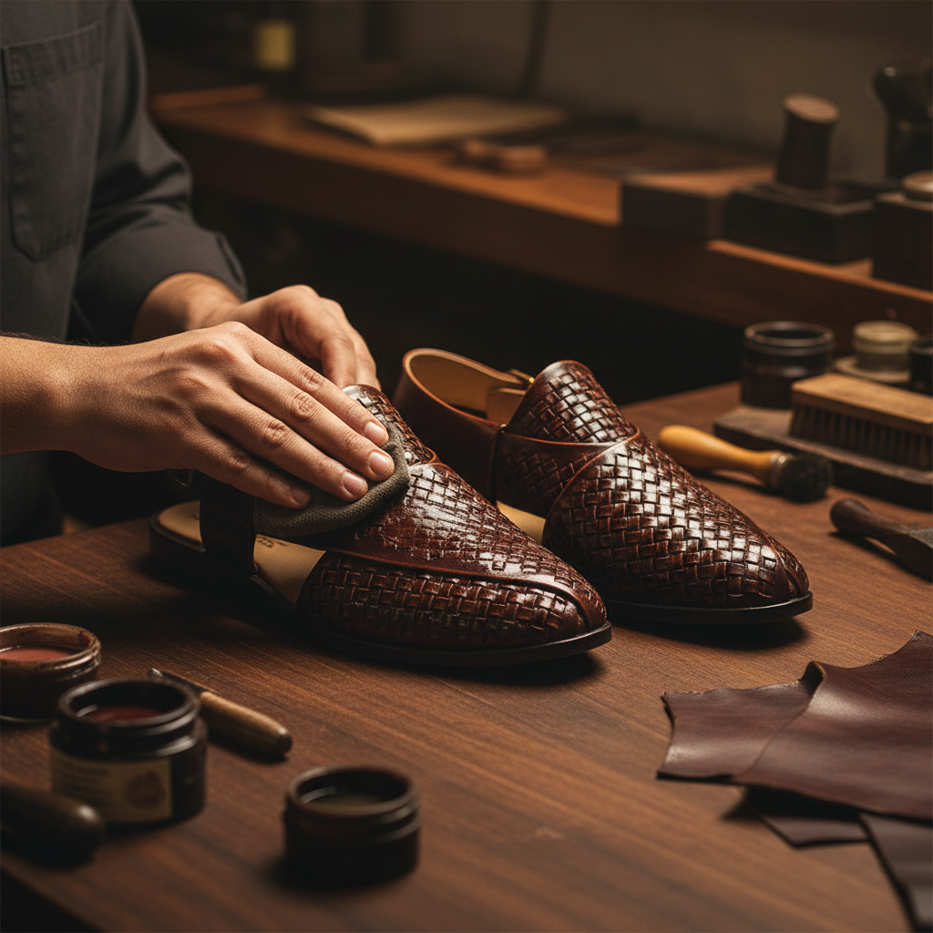 Skilled artisan applying premium wax and hand polishing to luxury woven leather Peshawari sandals