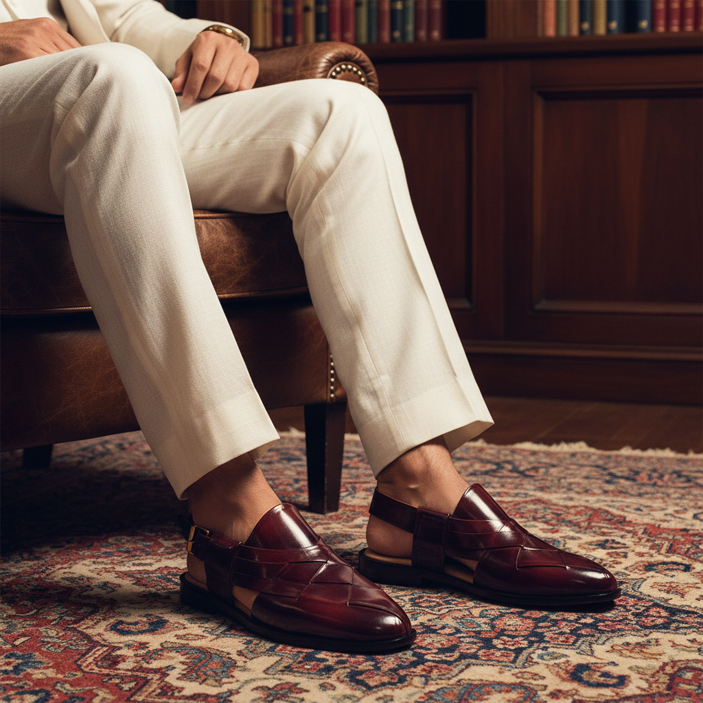 Luxury handmade maroon Peshawari chappal styled with tailored trousers in an old money setting