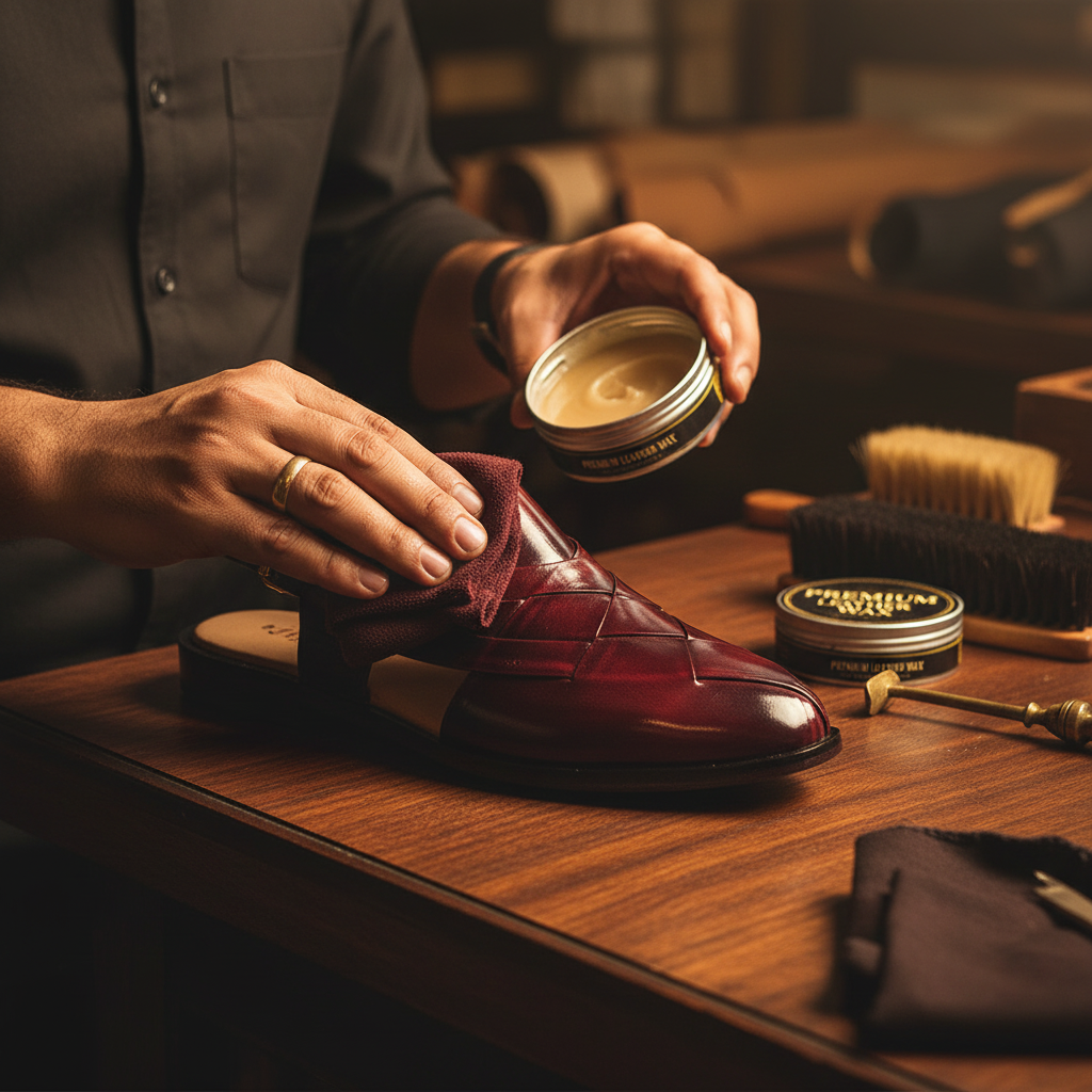 Skilled artisan applying premium wax and hand polishing to luxury cross-stitched maroon Peshawari chappal