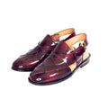Shammo front view of cross-stitched Peshawari chappals in burgundy leather – traditional