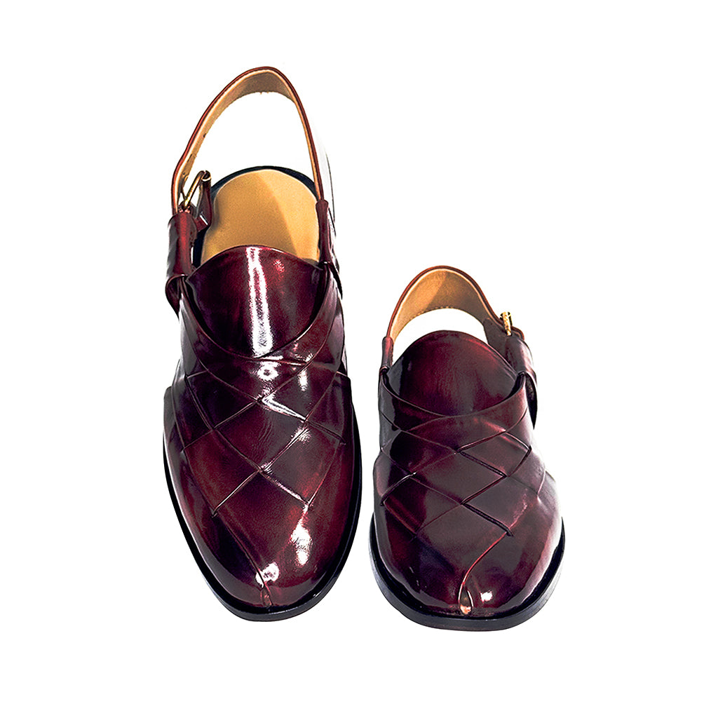 Shammo handmade maroon Peshawari chappal with cross-stitch design – top angle