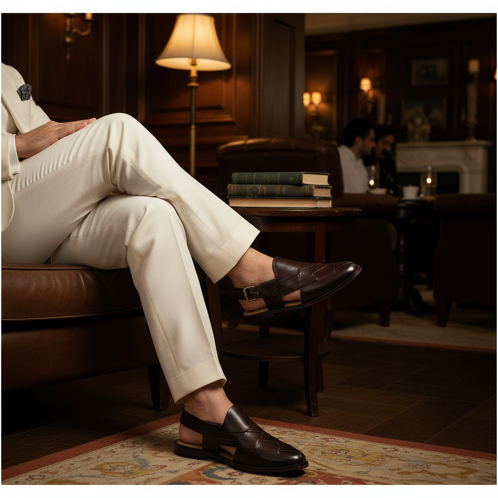 Luxury handmade handwoven leather Peshawari sandals styled with tailored trousers in an old money setting