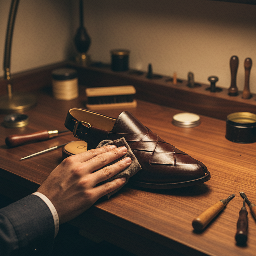 Skilled artisan applying premium wax and hand polishing to luxury handwoven leather Peshawari sandals