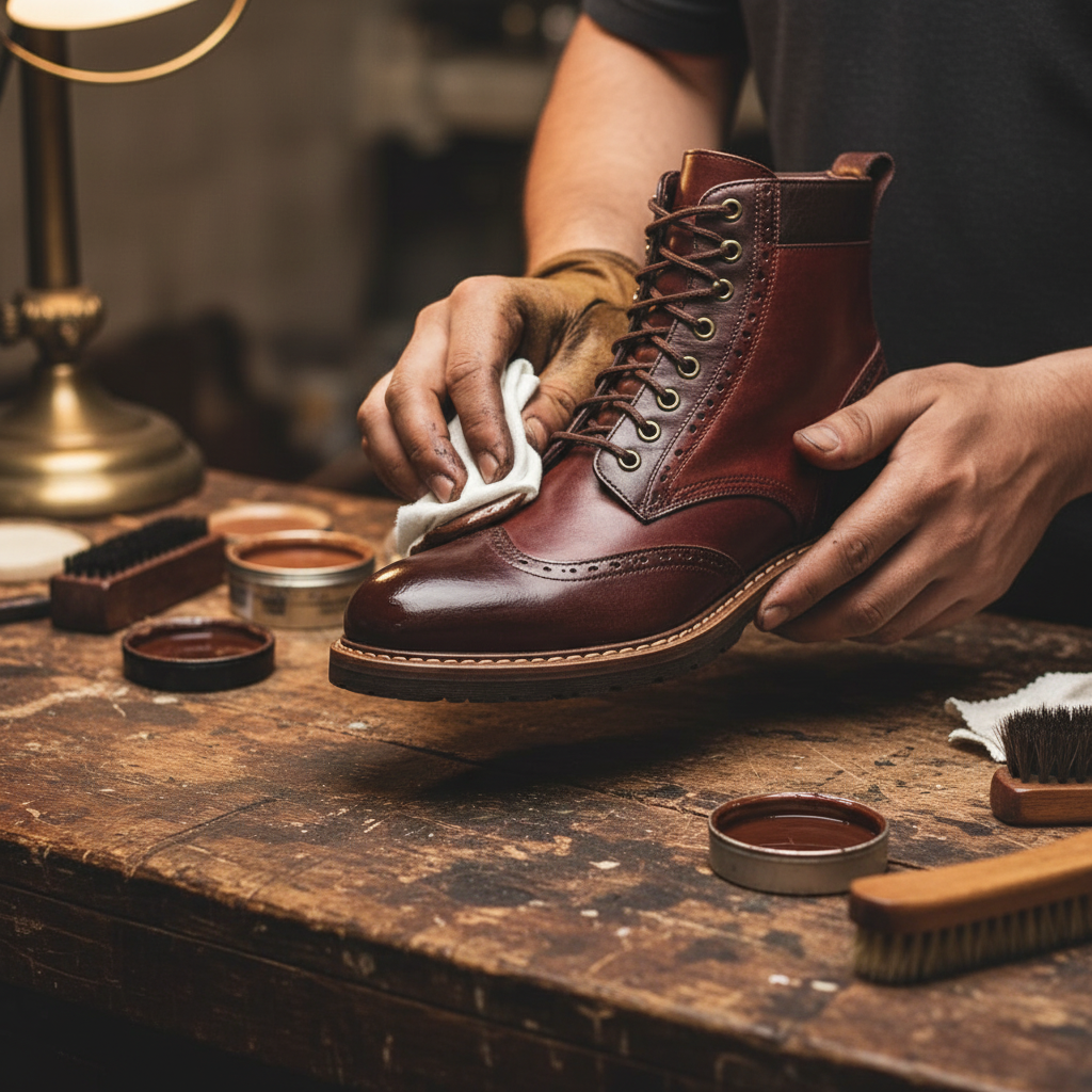 Artisan hand polishing The Sovereign Ankle Brogue Boot showcasing premium handcrafted leather craftsmanship by Marvel Leather.