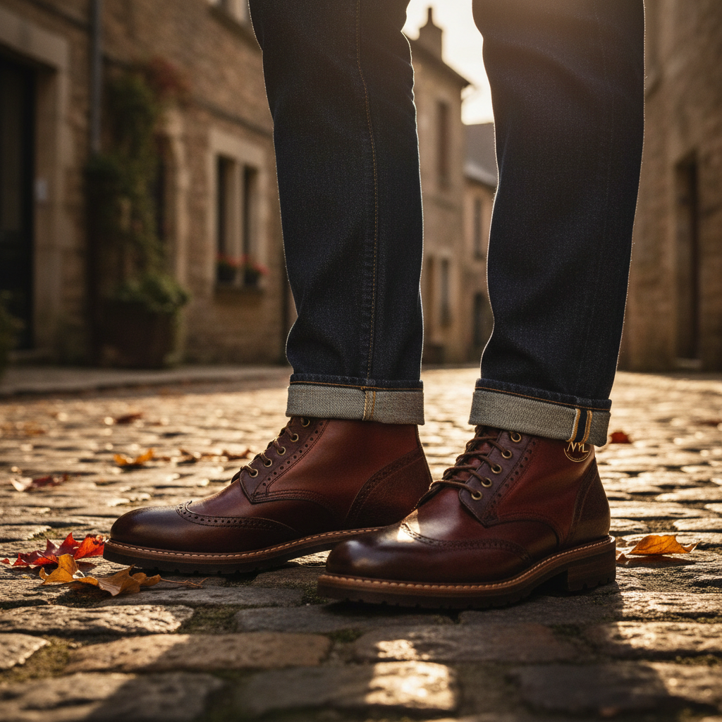 Luxury handmade Sovereign Ankle Brogue ankle boots worn with premium denim jeans in an elite outdoor old money setting