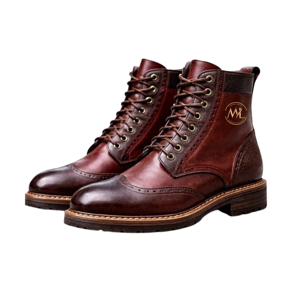 The Sovereign Ankle Brogue Boot handcrafted from premium full-grain leather featuring made-to-order luxury craftsmanship by Marvel Leather.