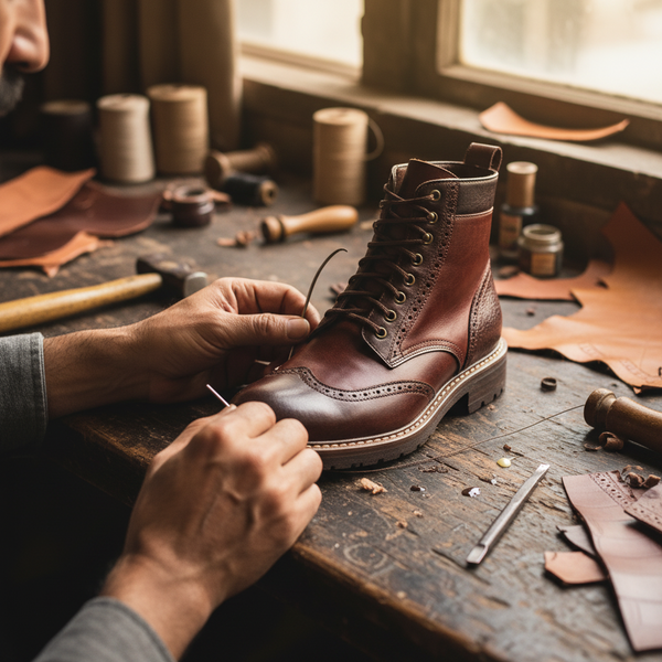Skilled artisan handcrafting The Sovereign Brogue Boot using traditional shoemaking techniques at Marvel Leather.