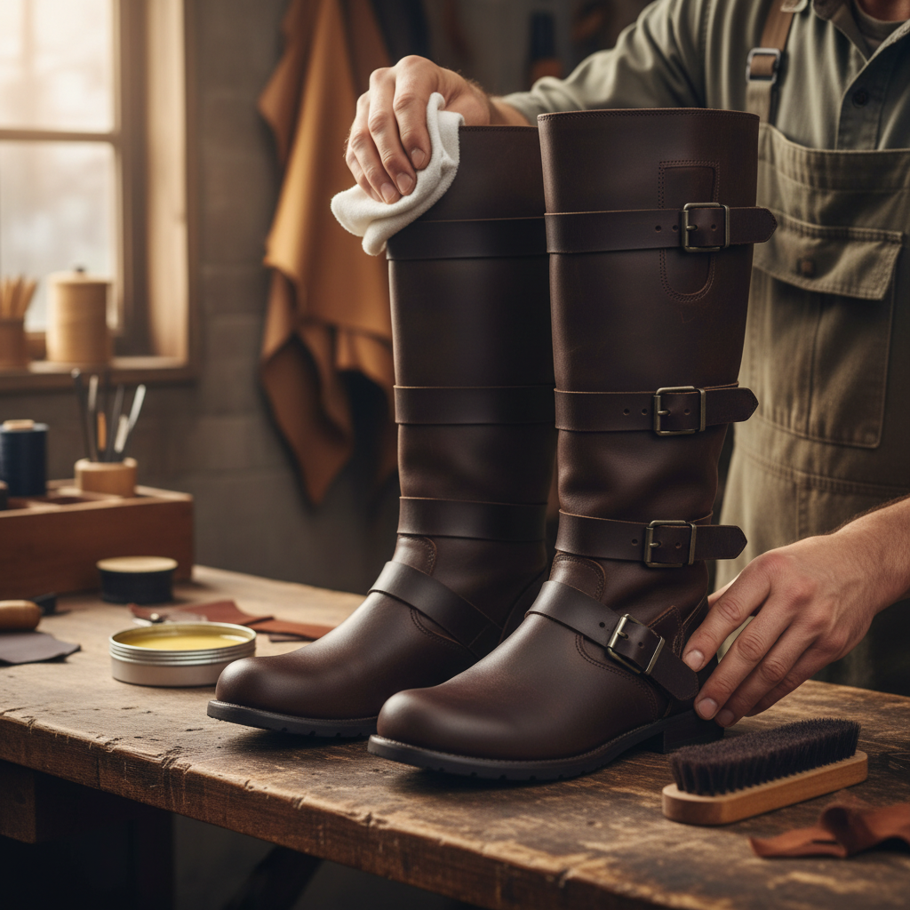 Artisan hand polishing The Sovereign Cavalier Boot with premium wax during the final finishing process at Marvel Leather.