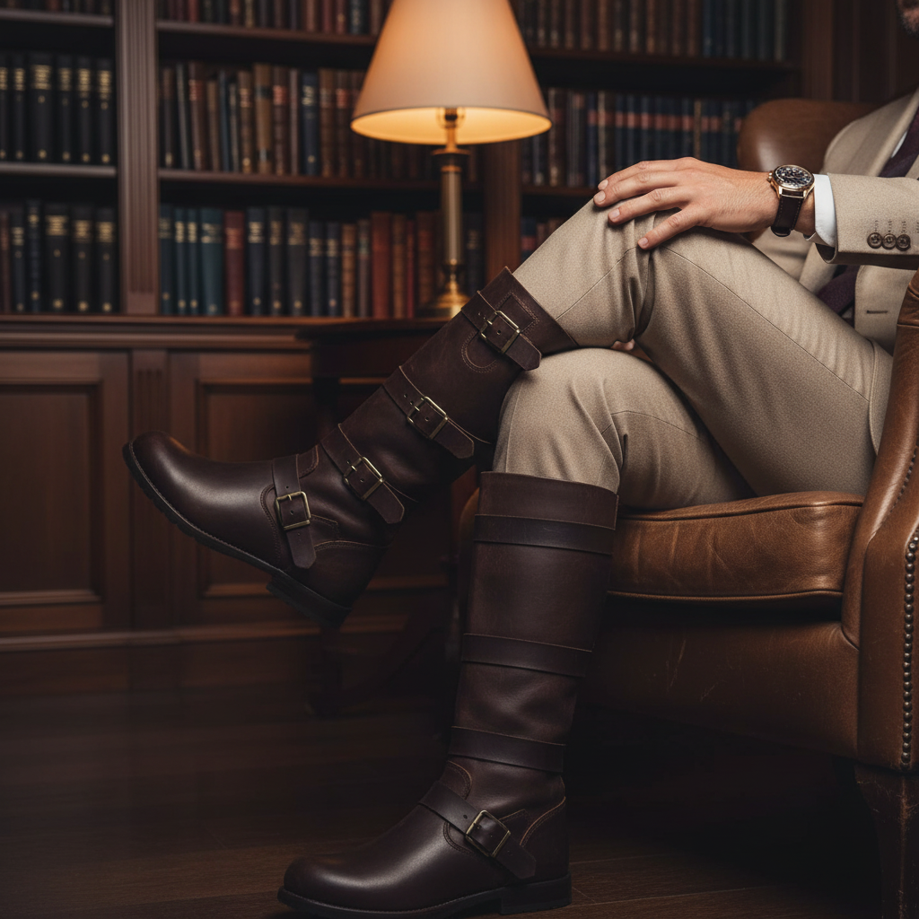 Luxury handmade leather long boots styled with tailored menswear in an elegant lifestyle setting