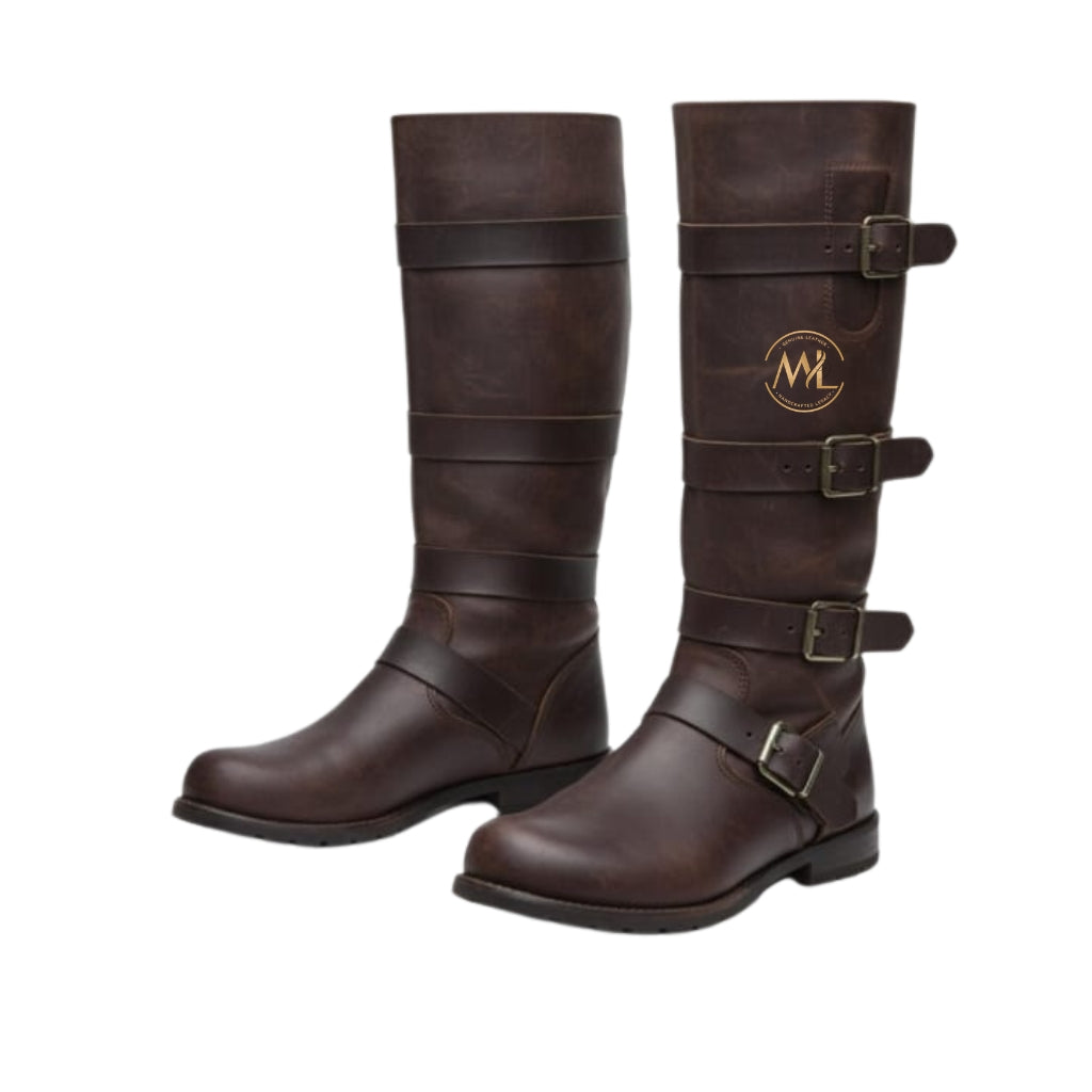 The Sovereign Cavalier Boot handcrafted from premium dark brown full-grain leather featuring made-to-order luxury craftsmanship by Marvel Leather.