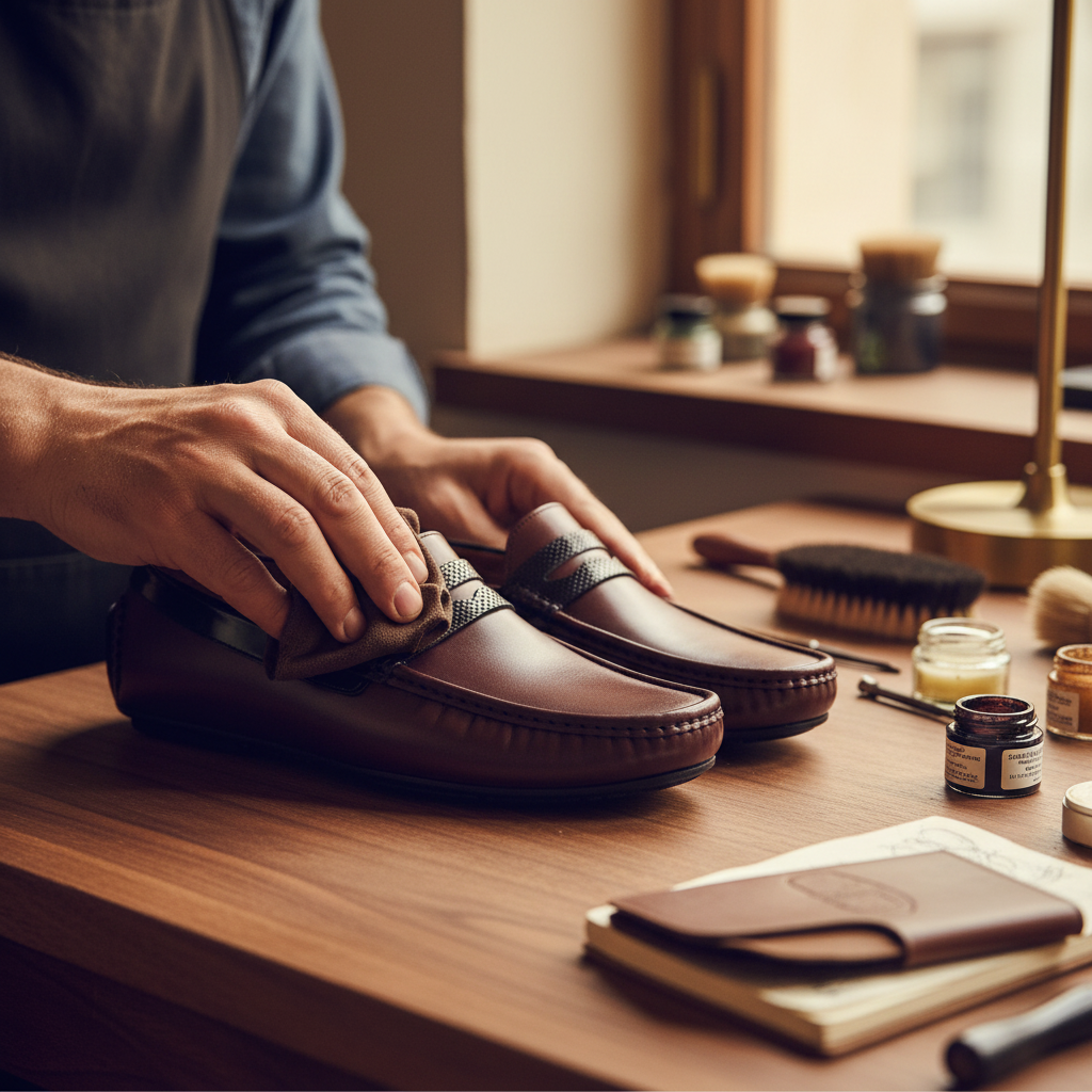 Skilled artisan applying hand-finished patina and premium polish to dual tone leather penny loafers
