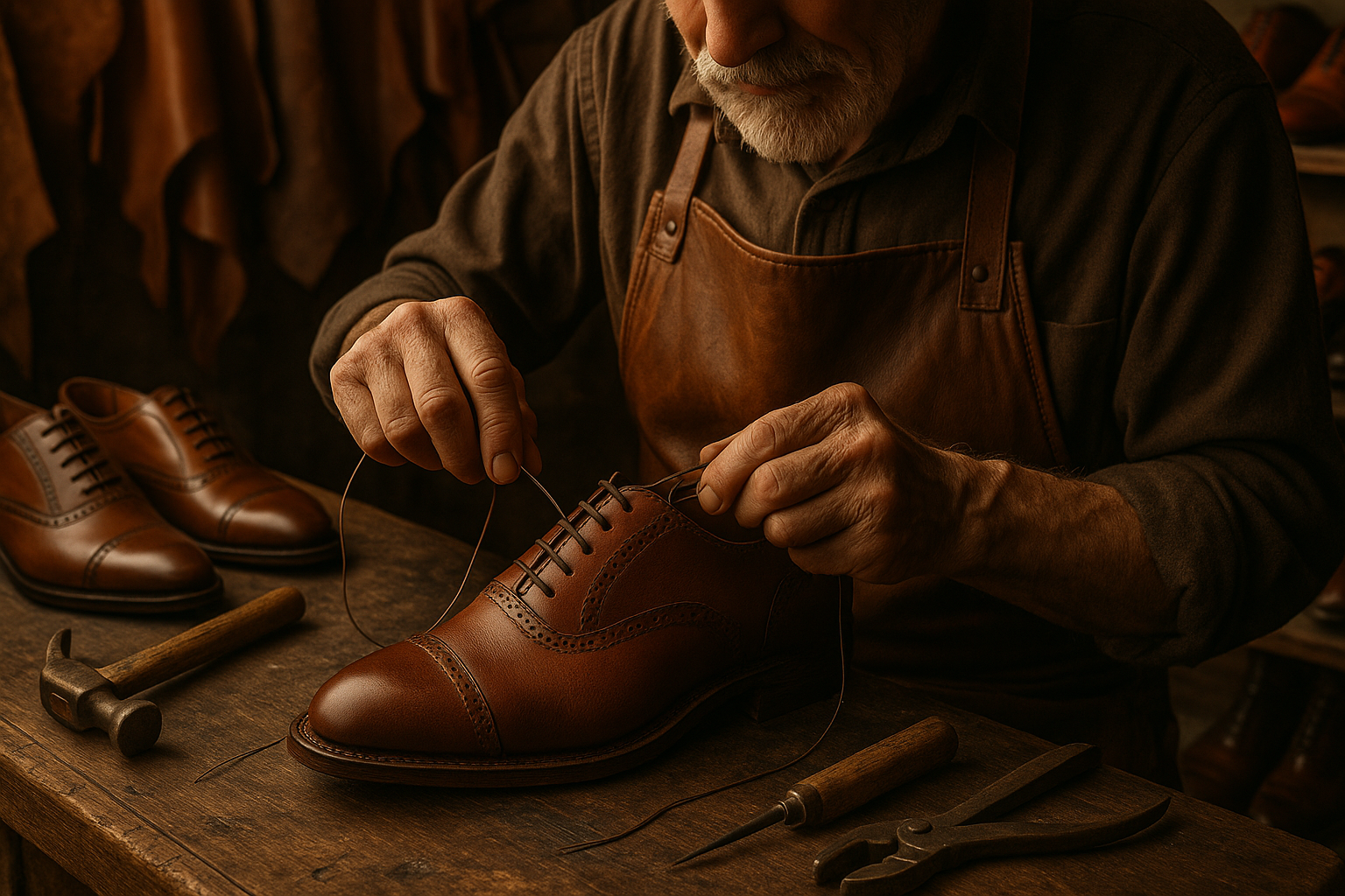 Marvel Leather artisan crafting a luxury handmade leather shoe, representing support for skilled craftsmanship and traditional shoemaking.
