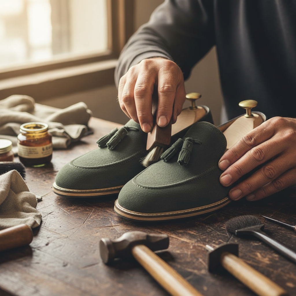 Artisan hand finishing the Texa Olive Suede Tassel Loafers during the final craftsmanship process at Marvel Leather.