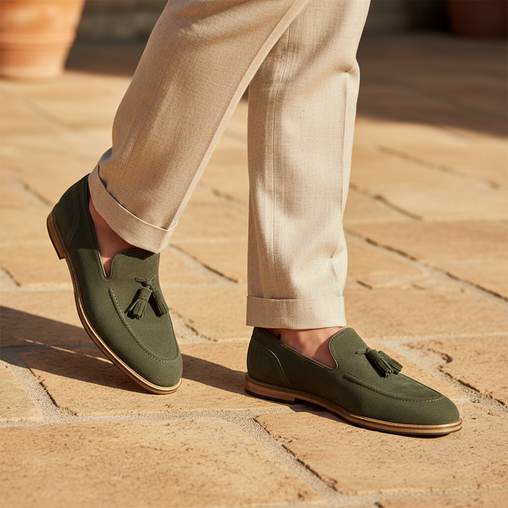 Luxury lifestyle image featuring the Texa Olive Suede Tassel Loafers handcrafted by Marvel Leather and worn in an elegant resort-inspired setting.