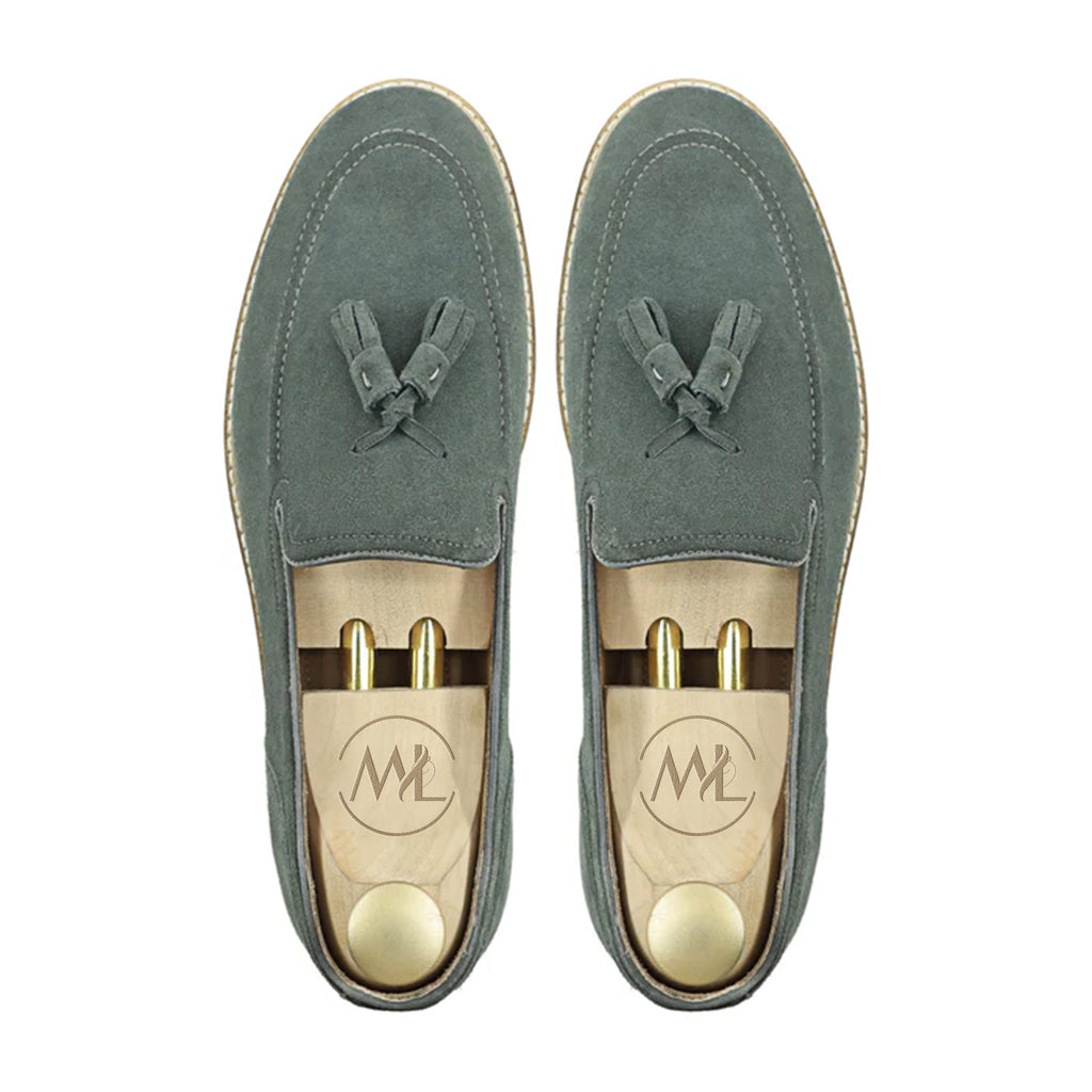 Top Angle of Texa Olive Tassel Loafers – Soft Suede Handmade Men’s Shoes