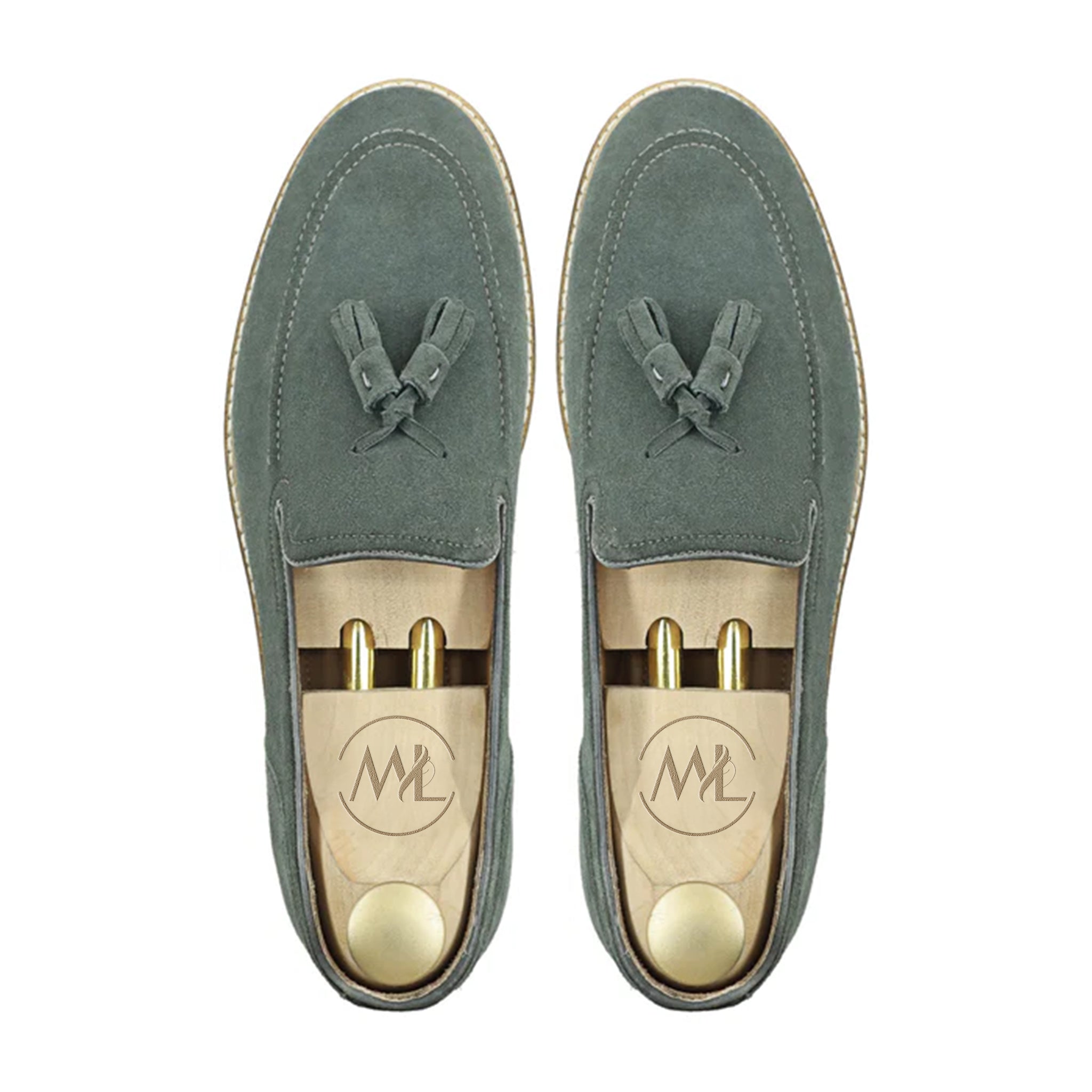 Top Angle of Texa Olive Tassel Loafers – Soft Suede Handmade Men’s Shoes