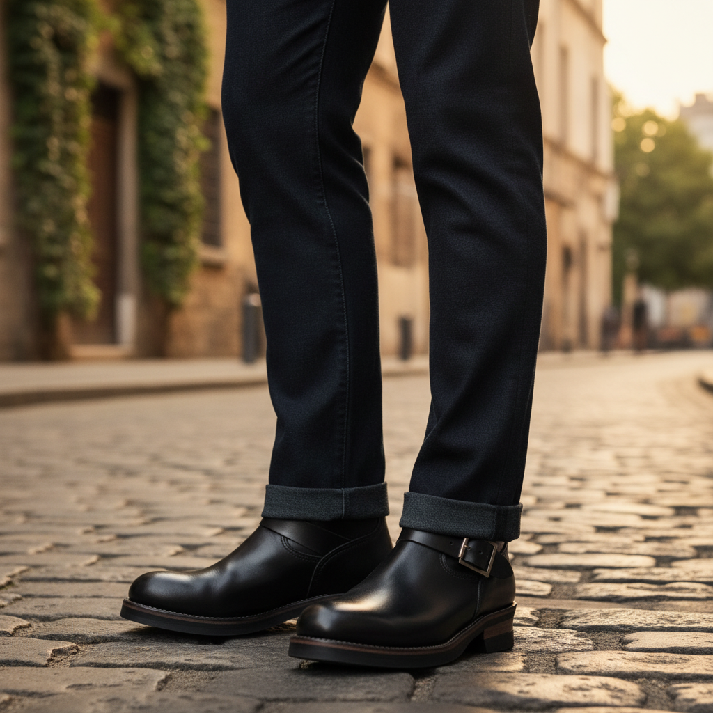 Luxury bespoke handmade leather engineer long boots styled with tailored trousers in an elite old money setting