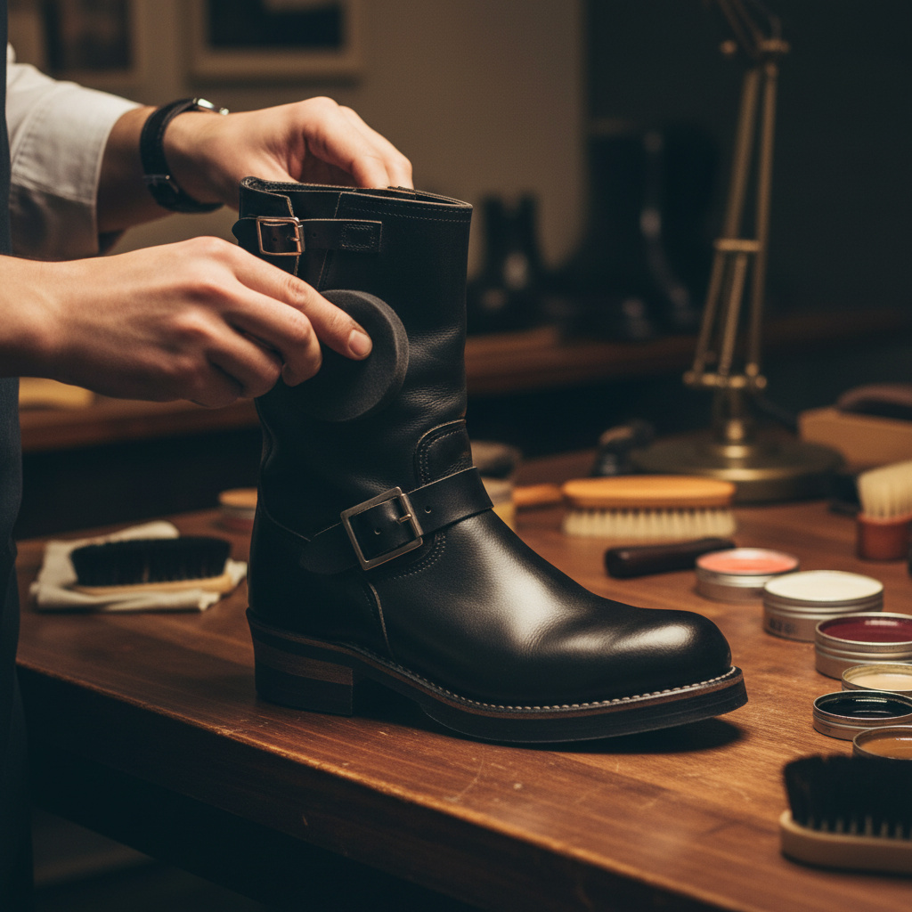 Skilled artisan applying premium wax and hand polishing luxury handmade leather engineer long boots