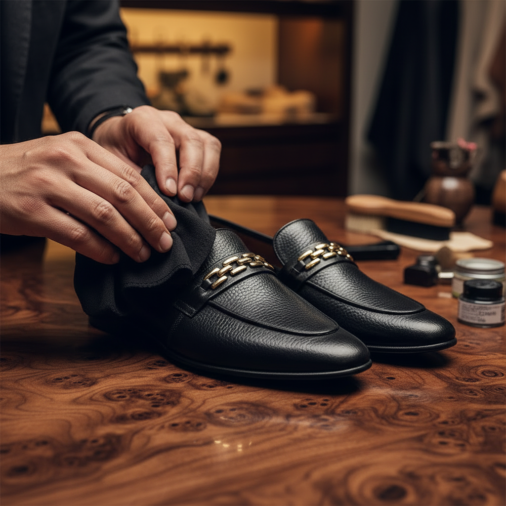 Skilled artisan applying premium polish to luxury black leather loafers with chain accent