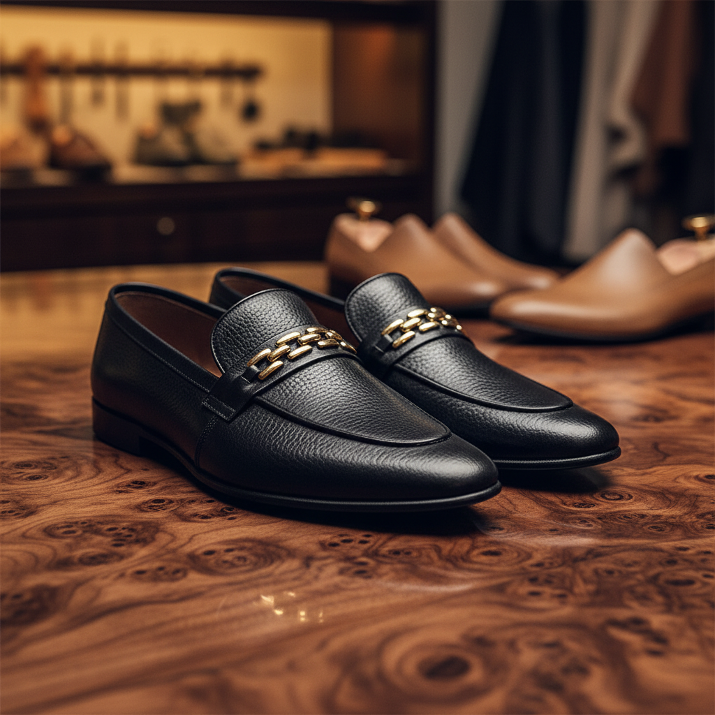 Hand finished black leather loafers with elegant chain accent crafted from premium full grain leather