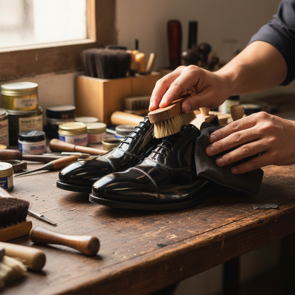 Artisan hand polishing the Thierry Classic Patent Leather Oxford Shoes during the final finishing process at Marvel Leather.