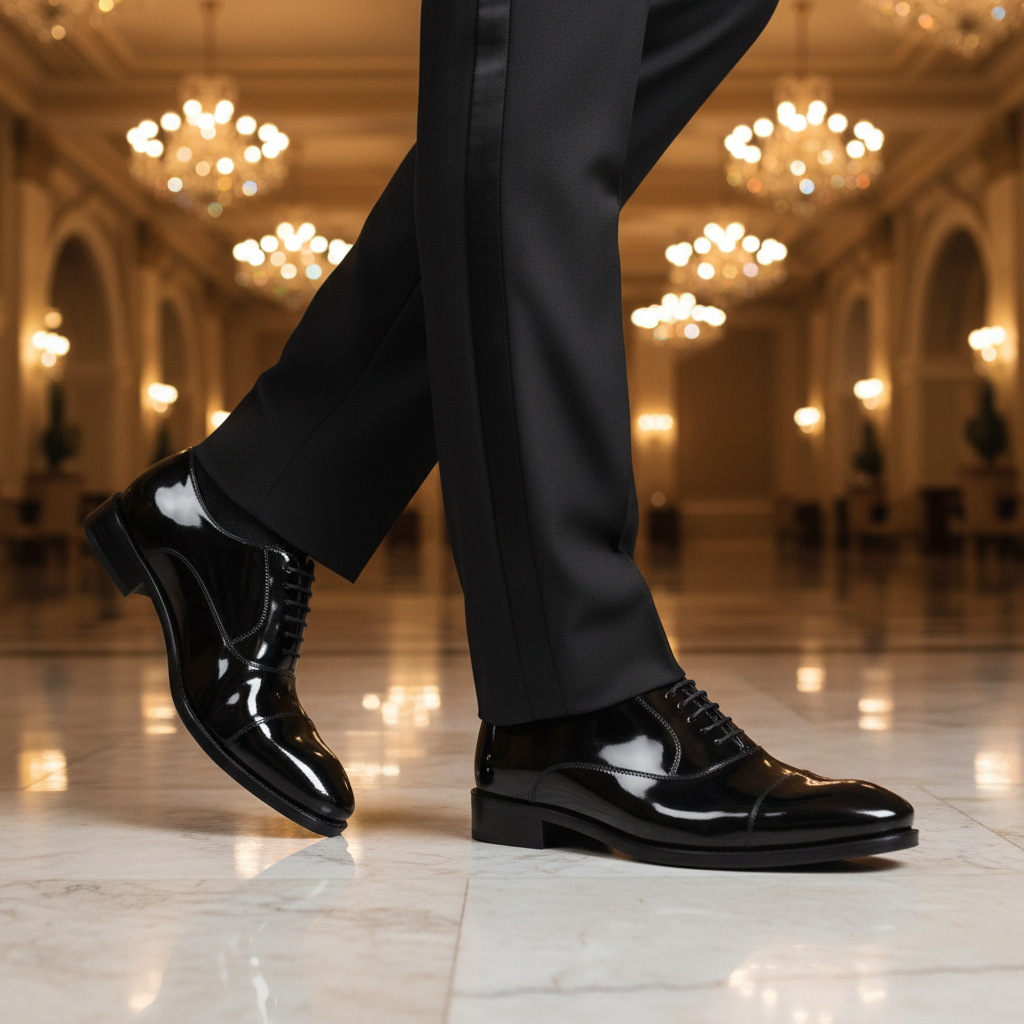 Luxury lifestyle image featuring the Thierry Classic Patent Leather Oxford Shoes handcrafted by Marvel Leather and worn in an elegant formal setting.