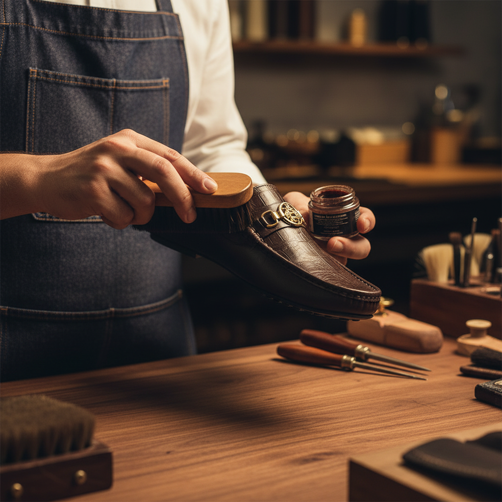 Skilled artisan applying premium polish and hand-finished patina to croc textured gold bit moccasins