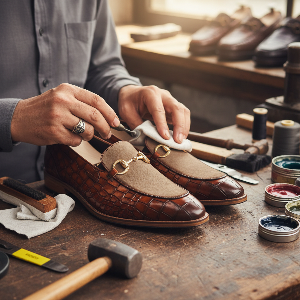 Artisan hand finishing the Tobias Croc-Embossed and Suede Bit Loafers during the final craftsmanship process at Marvel Leather.